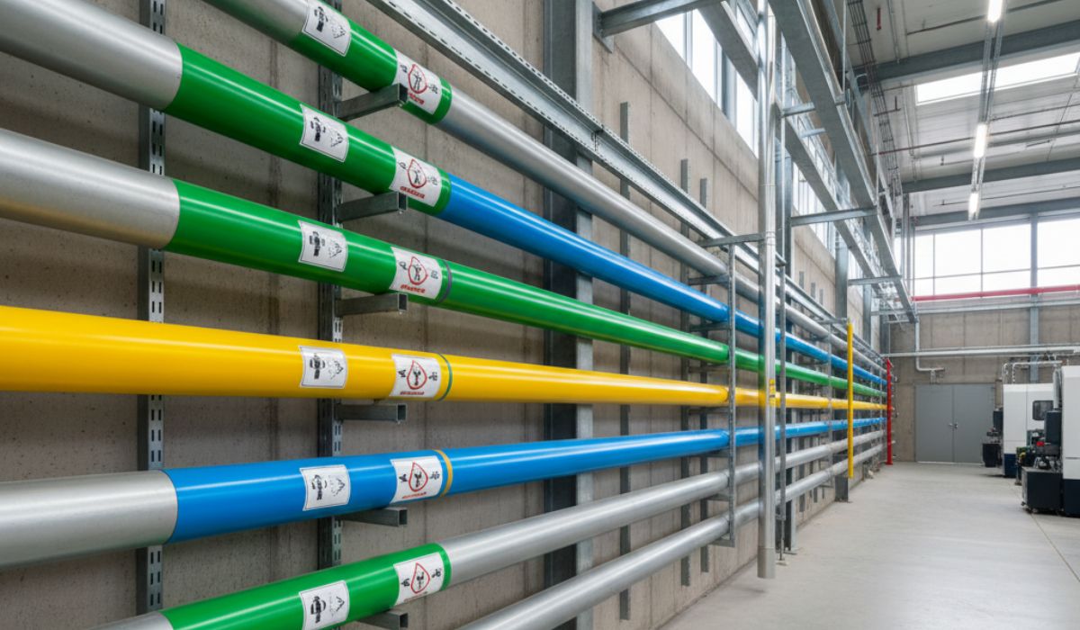 Marquage tuyauterie industrielle avec flèches et couleurs normalisées