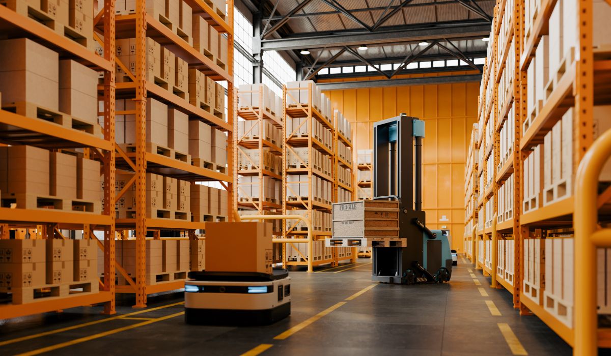 Allées de circulation entrepôt avec chariots élévateurs et marquage au sol