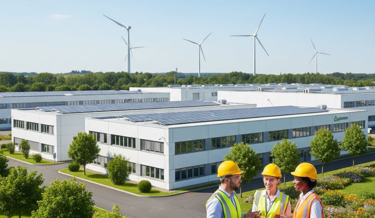 Industrie responsable avec panneaux solaires et collaborateurs en sécurité