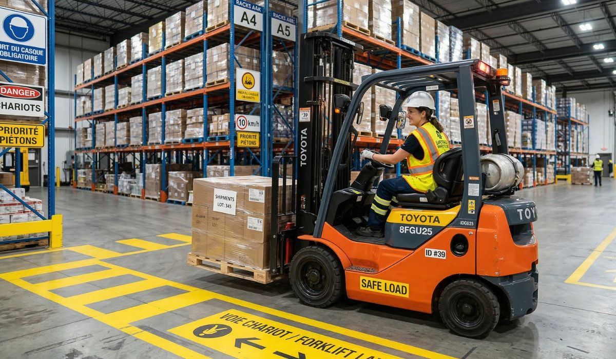 Chariot élévateur en entrepôt avec signalisation de sécurité