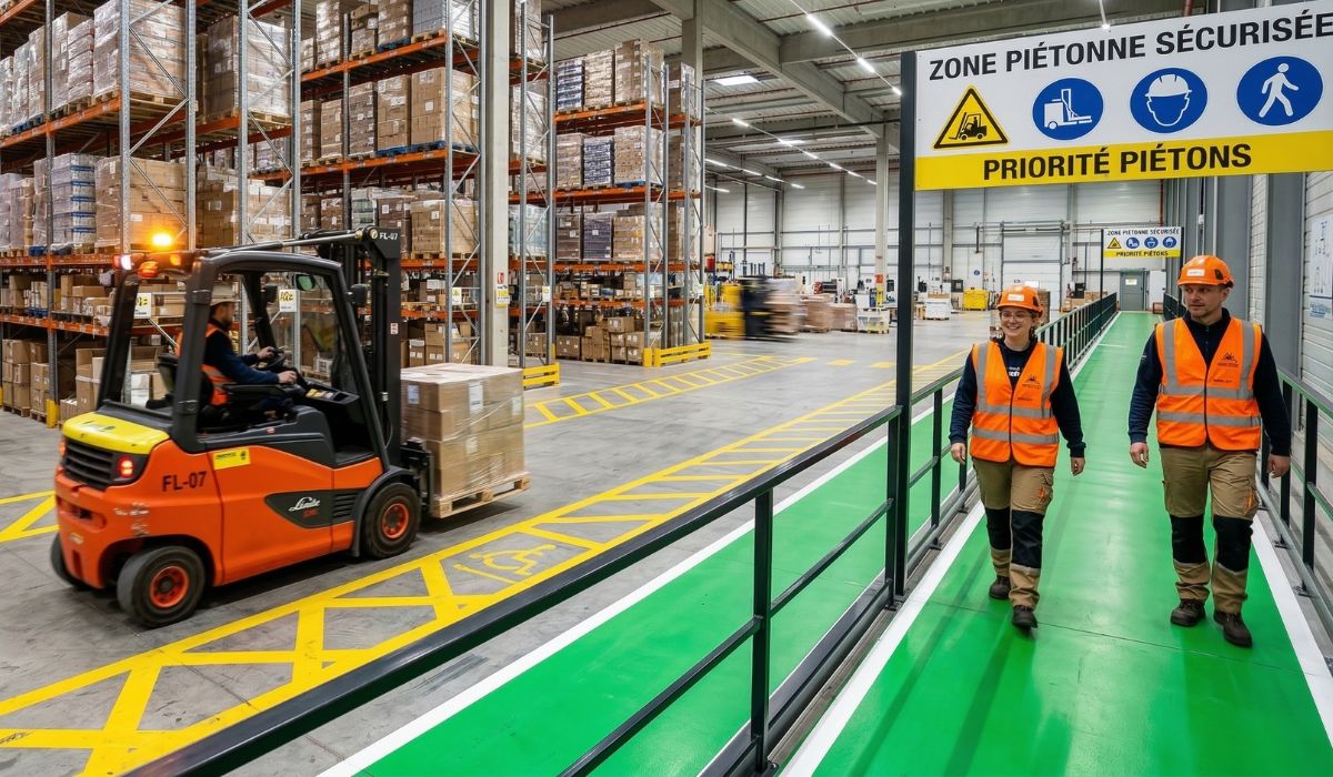 Chariot élévateur et piétons dans un entrepôt avec marquage au sol de sécurité