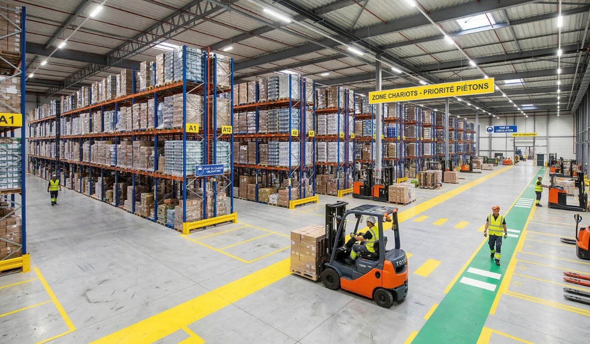 Entrepôt logistique sécurisé avec marquage au sol et signalisation