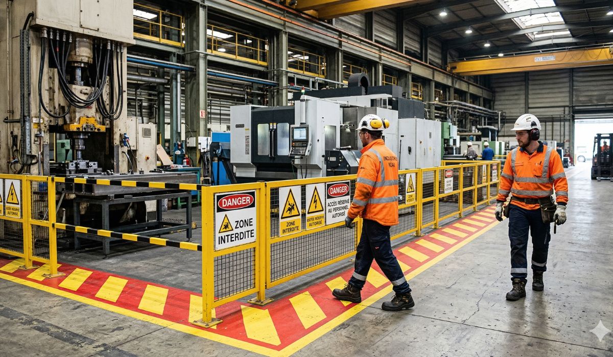 Zone de danger industrielle avec signalisation et marquage au sol