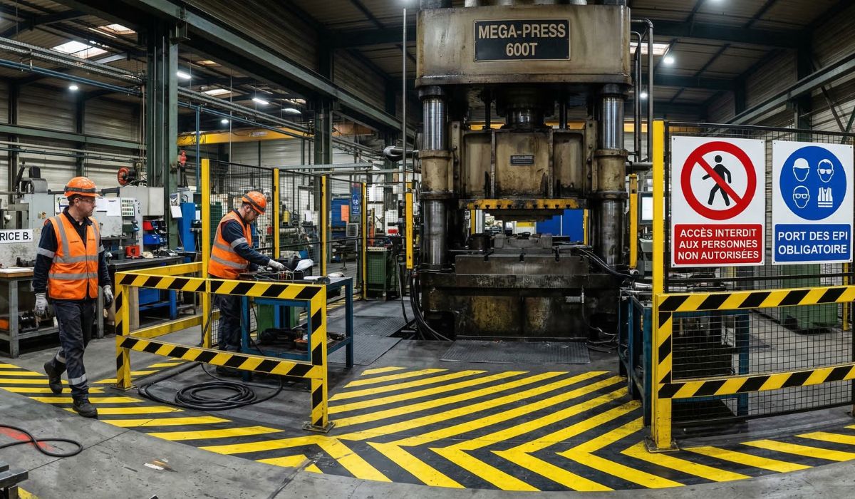 Zone de danger industrielle avec marquage au sol et panneaux de signalisation