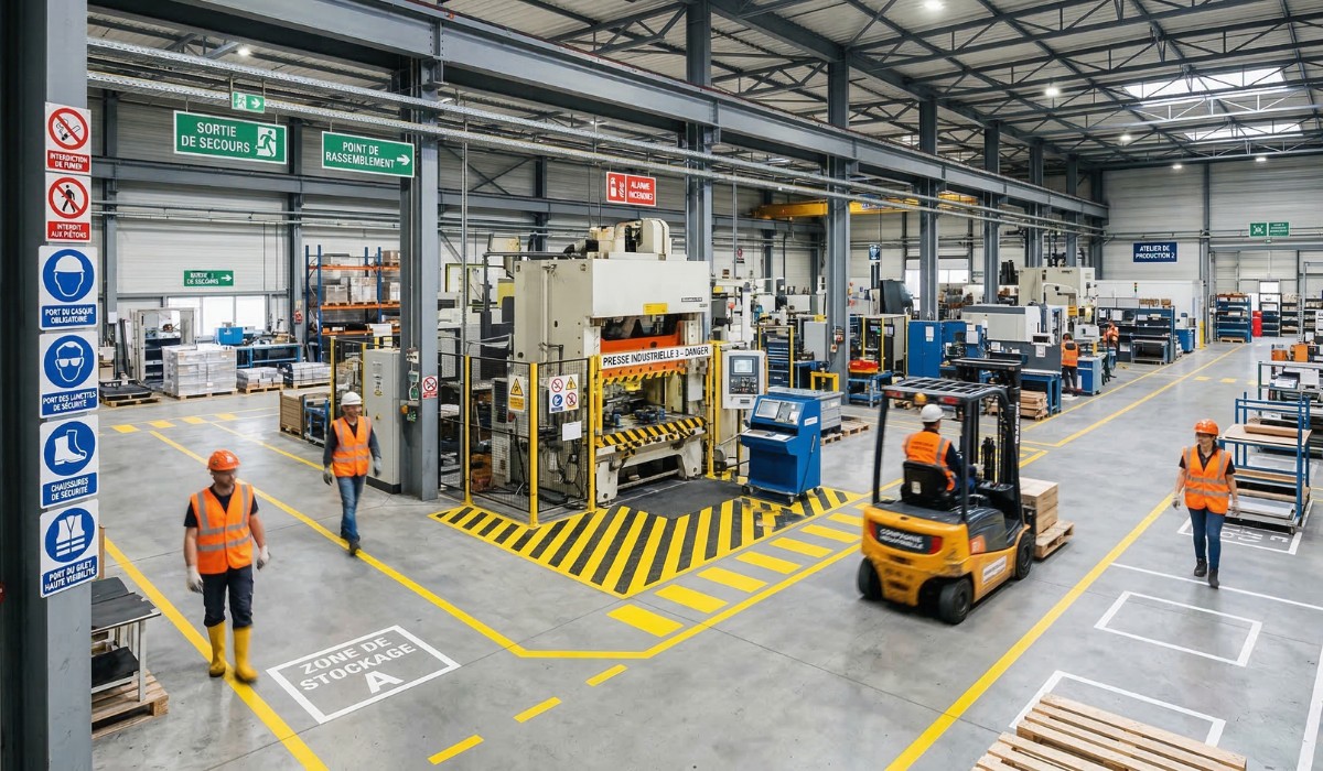 Signalétique industrielle complète avec panneaux de sécurité et marquage au sol
