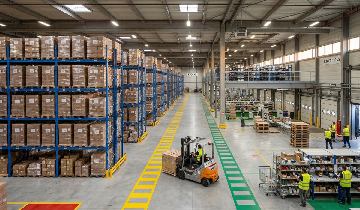 Entrepôt logistique bien aménagé avec zones organisées et allées de circulation