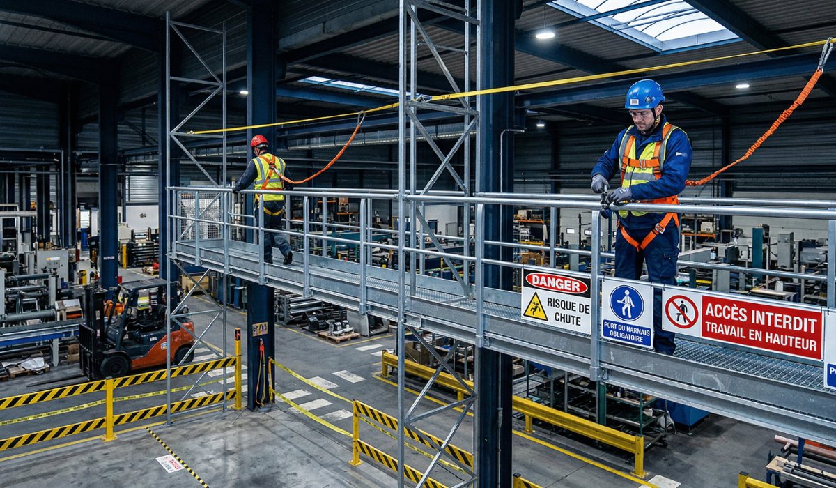 Équipements de protection pour le travail en hauteur : harnais, longe, casque et garde-corps sur chantier