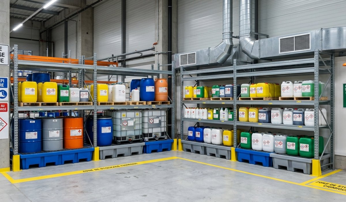 Zone de stockage chimique industrielle avec bacs de rétention, ventilation et signalisation de sécurité