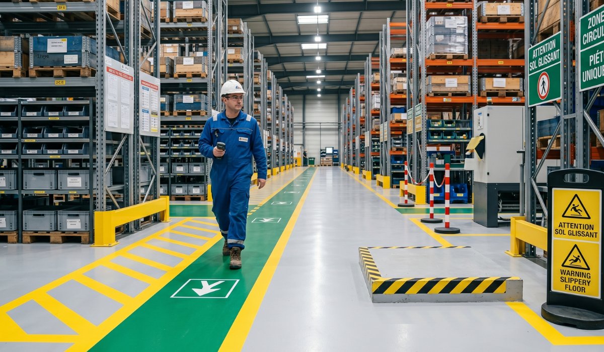 Sol industriel avec marquage de sécurité et signalisation pour prévenir les accidents de plain-pied