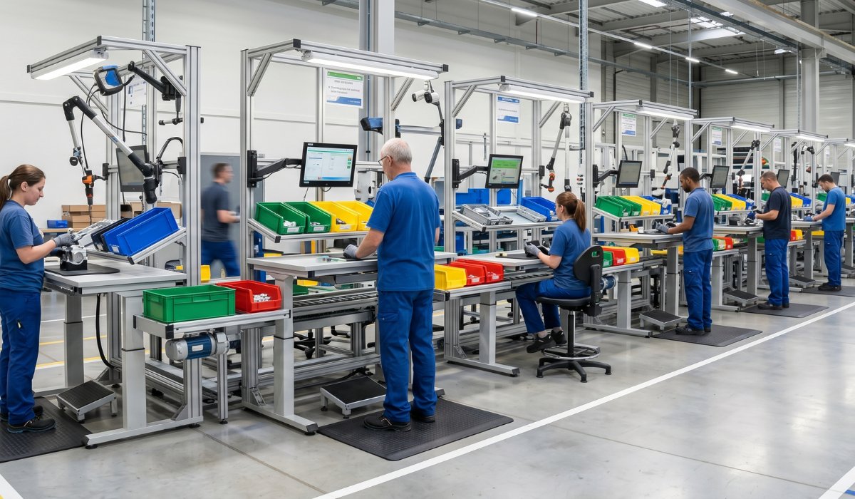 Ligne de production industrielle avec postes de travail ergonomiques et opérateurs en posture adaptée