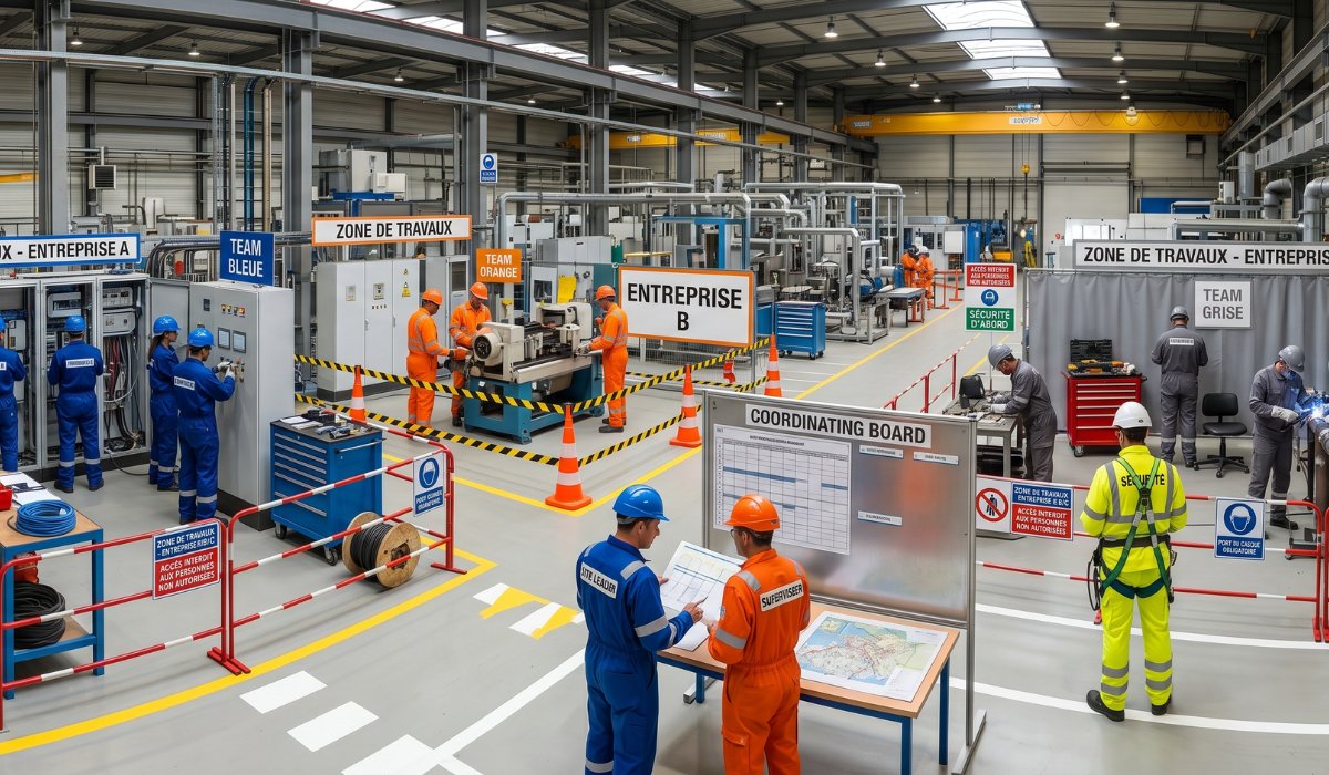 Site industriel en coactivité avec balisage des zones d'intervention et coordination entre équipes
