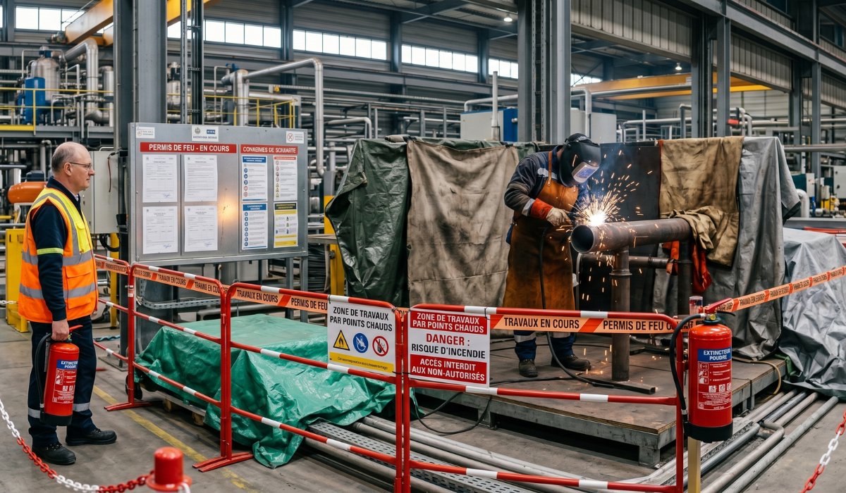 Zone de travaux sous permis de feu avec balisage, extincteur et surveillance incendie