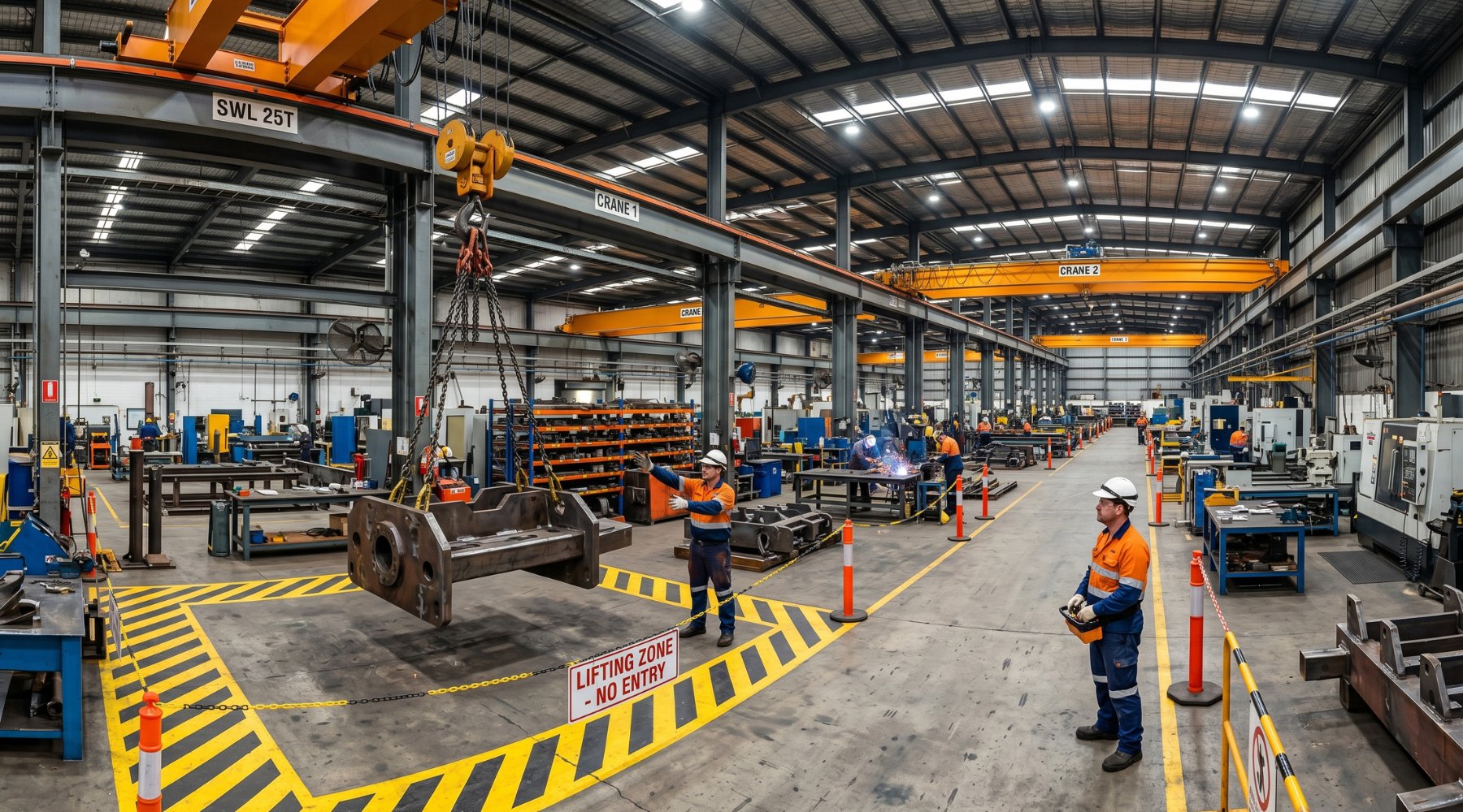 Atelier industriel avec pont roulant en opération, zone de danger balisée et opérateurs à distance de sécurité