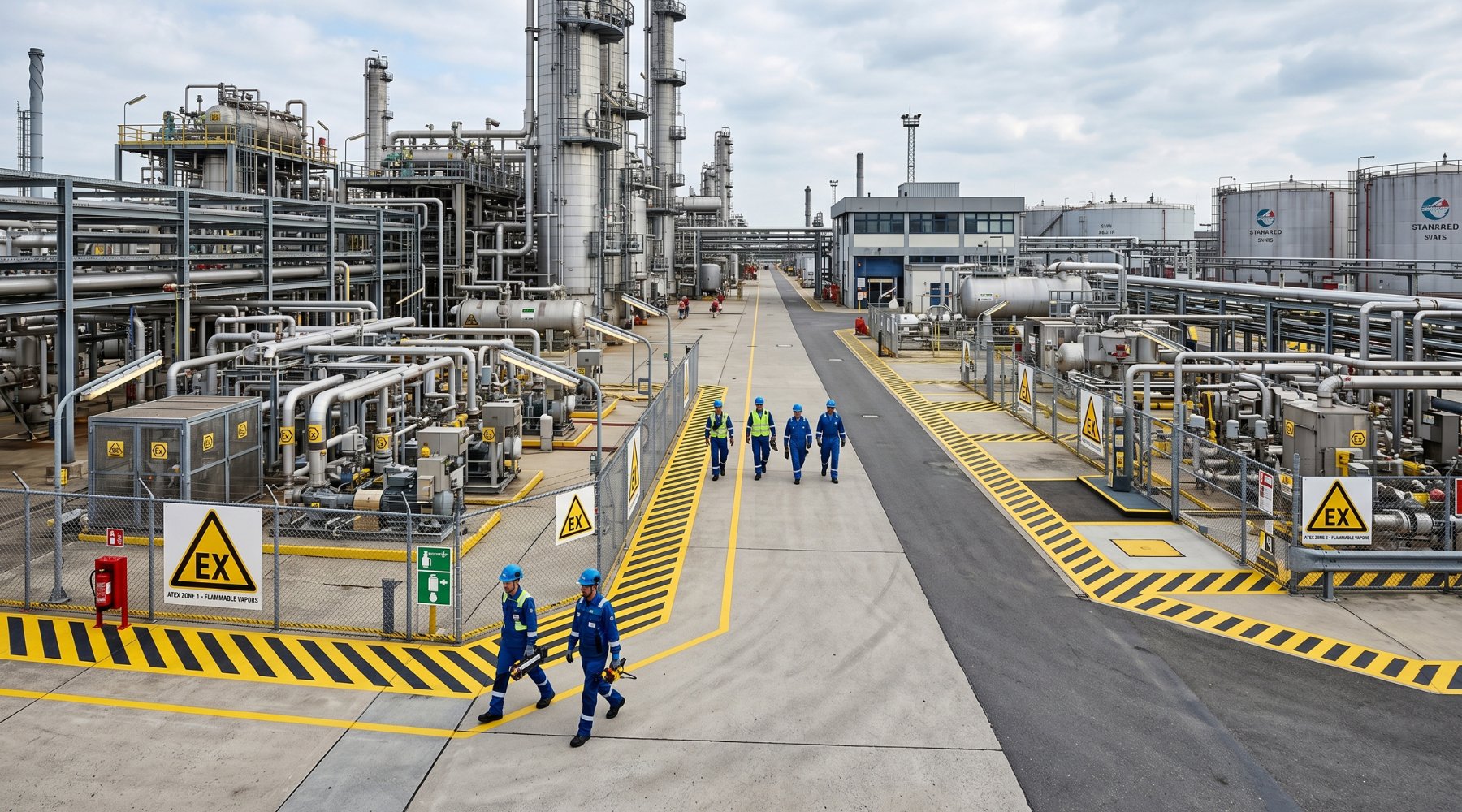 Installation industrielle avec zones ATEX signalisées, panneaux d'avertissement et balisage au sol jaune et noir