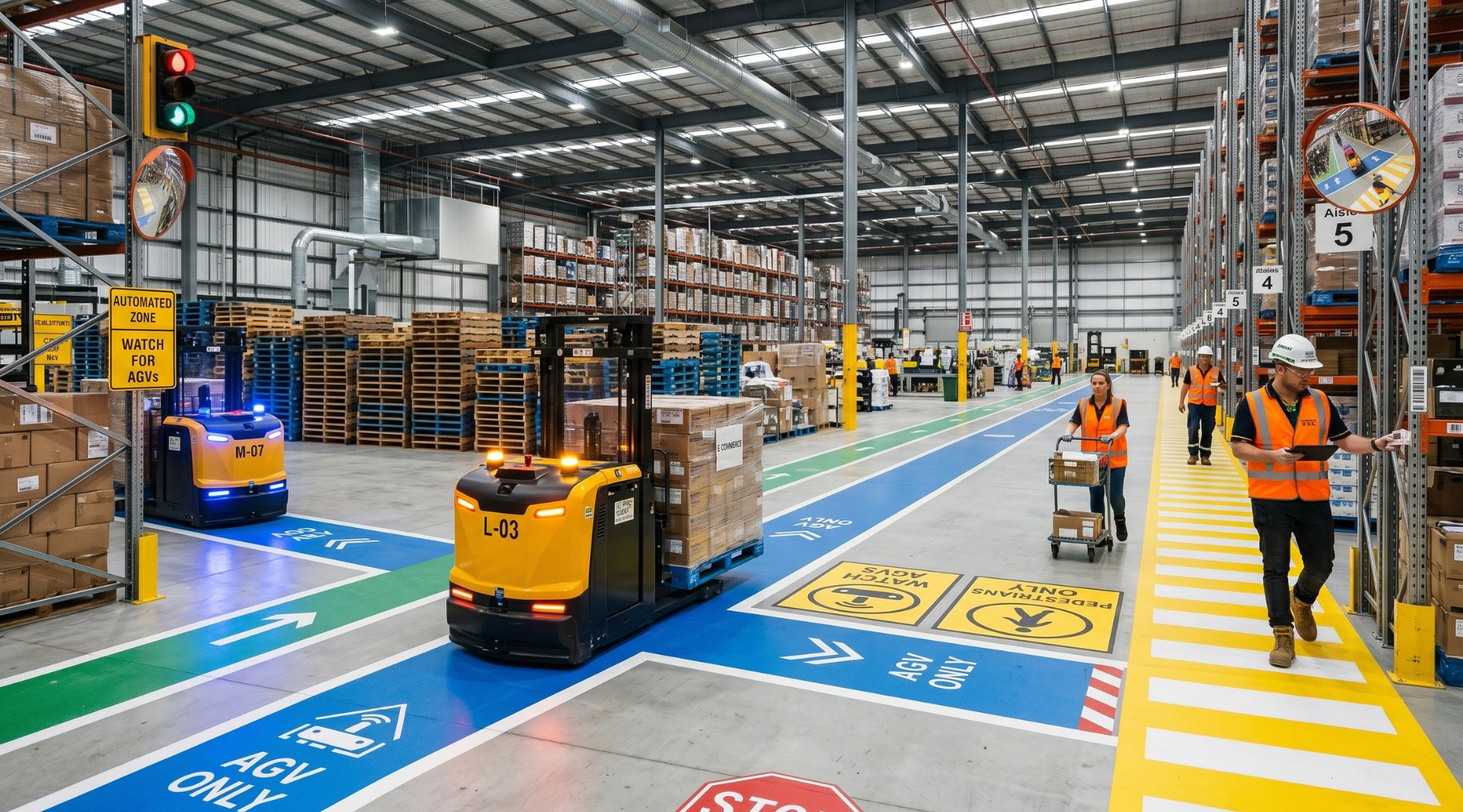 Entrepôt logistique avec AGV en circulation sur voies balisées et opérateurs travaillant en sécurité dans les zones piétonnes