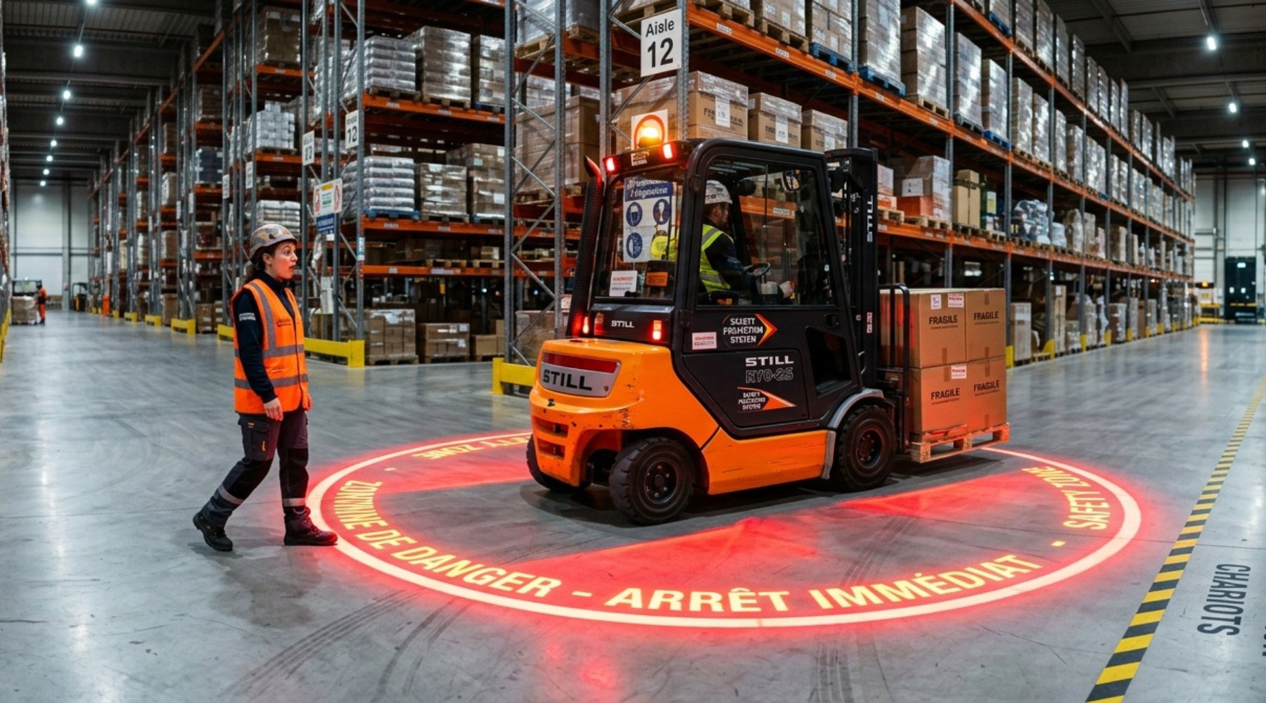 Projection lumineuse au sol autour d'un chariot élévateur signalant la zone de danger aux piétons