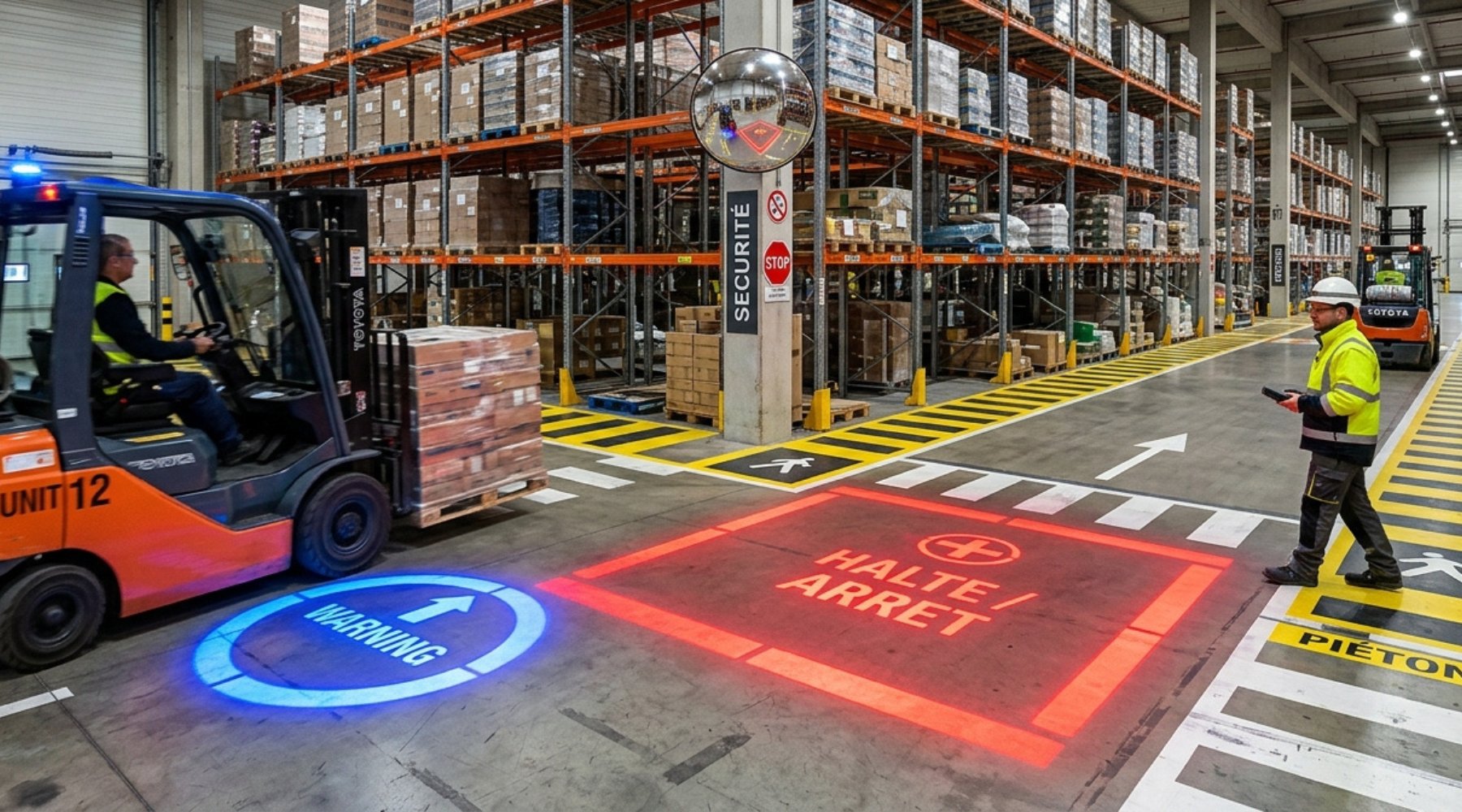 Carrefour d'entrepôt équipé de projection lumineuse au sol et de signalisation de sécurité