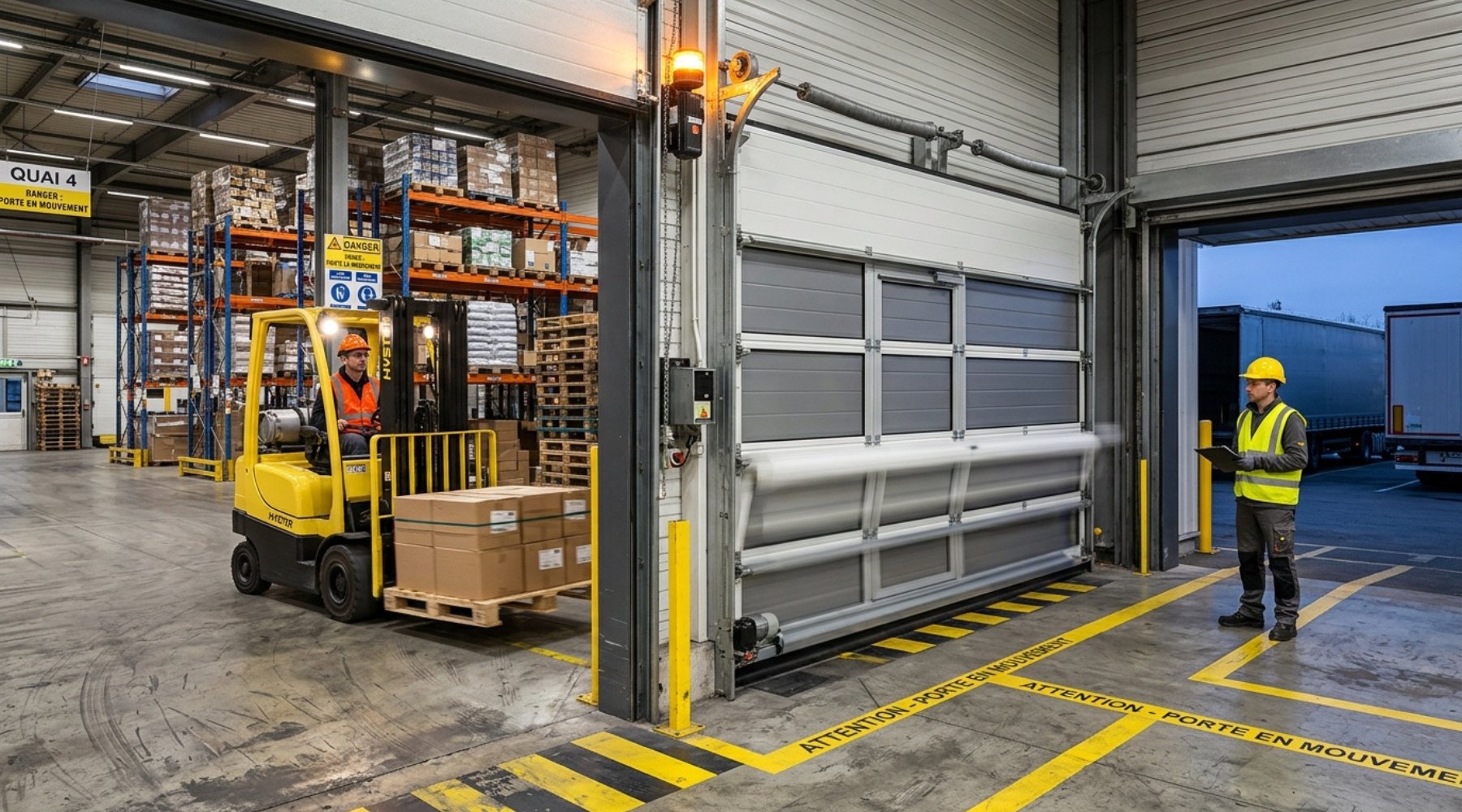 Porte sectionnelle industrielle en mouvement sur un quai de chargement