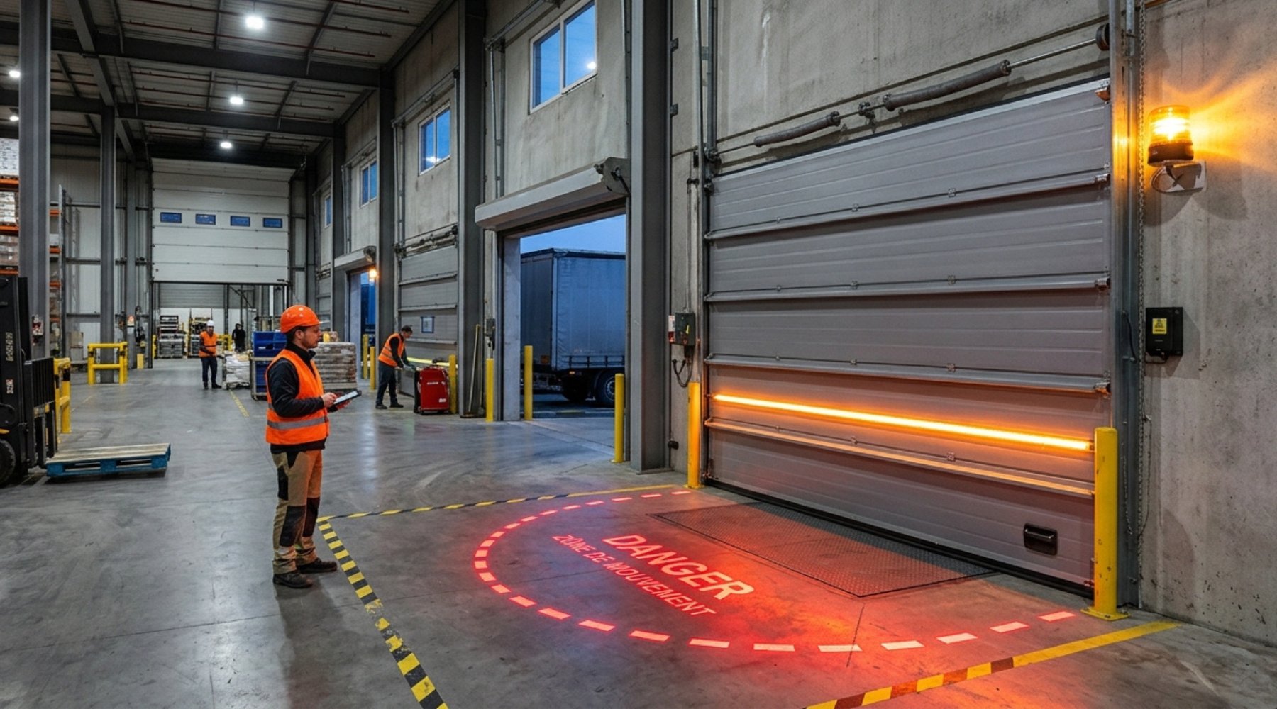 Porte sectionnelle industrielle équipée de projection lumineuse au sol et de signalisation de sécurité active