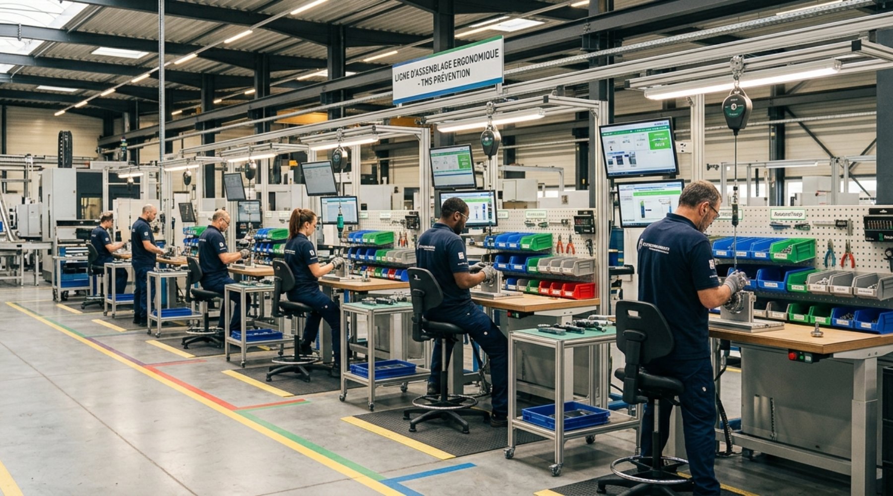 Ligne de production industrielle avec postes de travail ergonomiques et aménagements de prévention des TMS