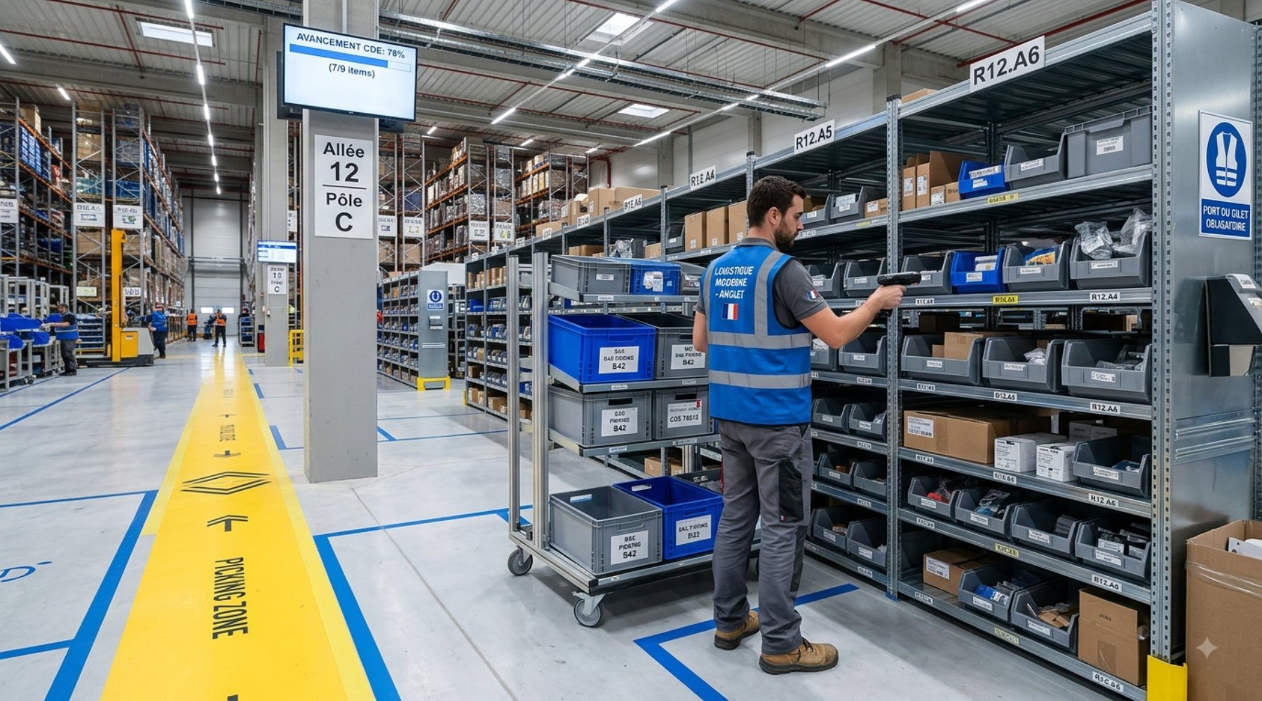 Zone de picking dans un entrepôt logistique avec préparateur de commandes et rayonnages organisés