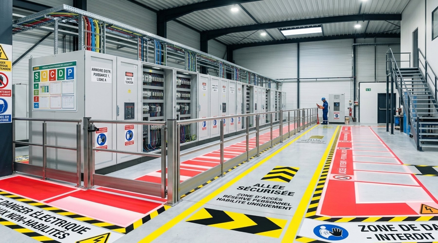 Zone électrique sécurisée avec armoires industrielles, balisage au sol et signalisation normalisée