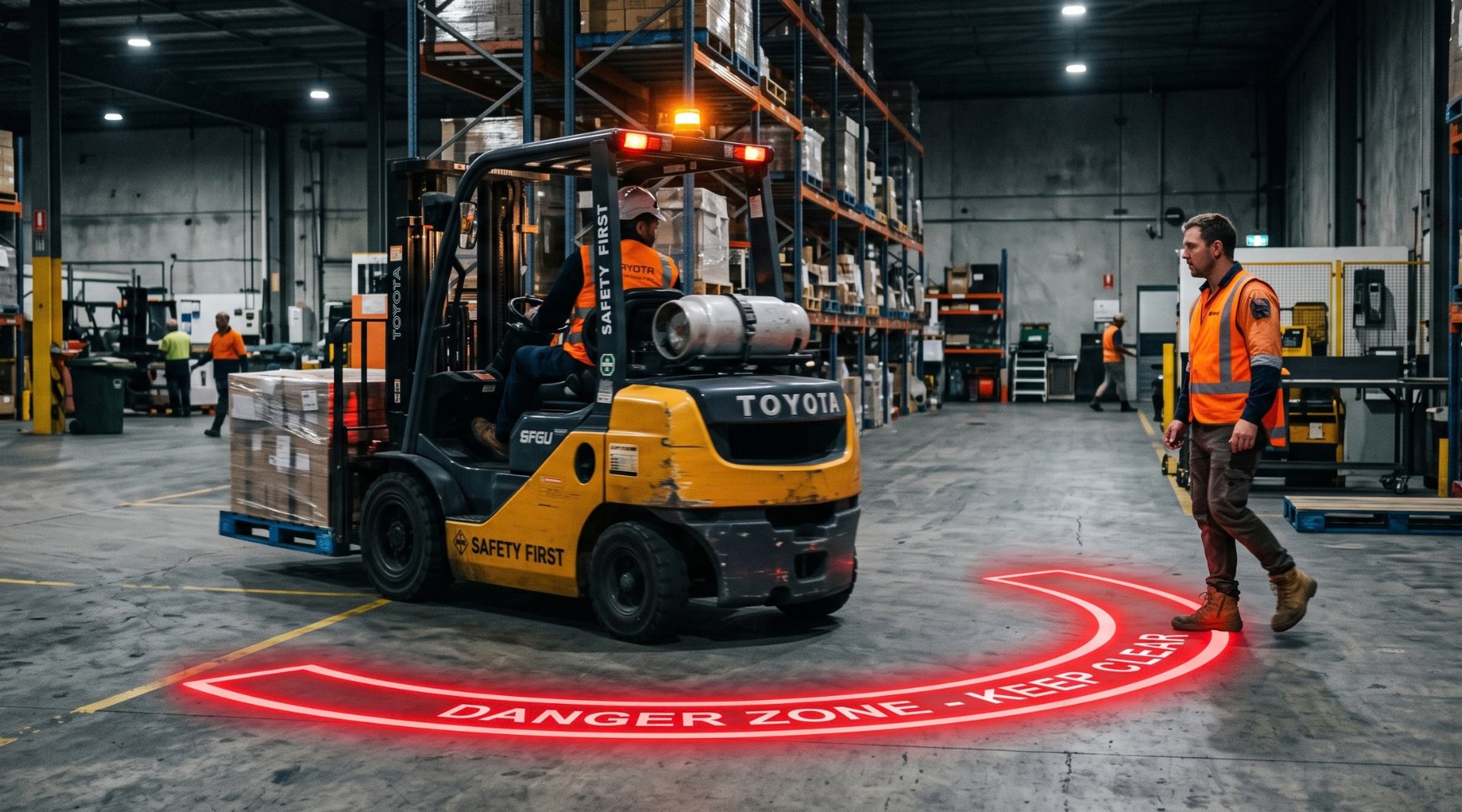 Chariot élévateur dont la zone de recul est matérialisée au sol par une projection lumineuse alertant les piétons
