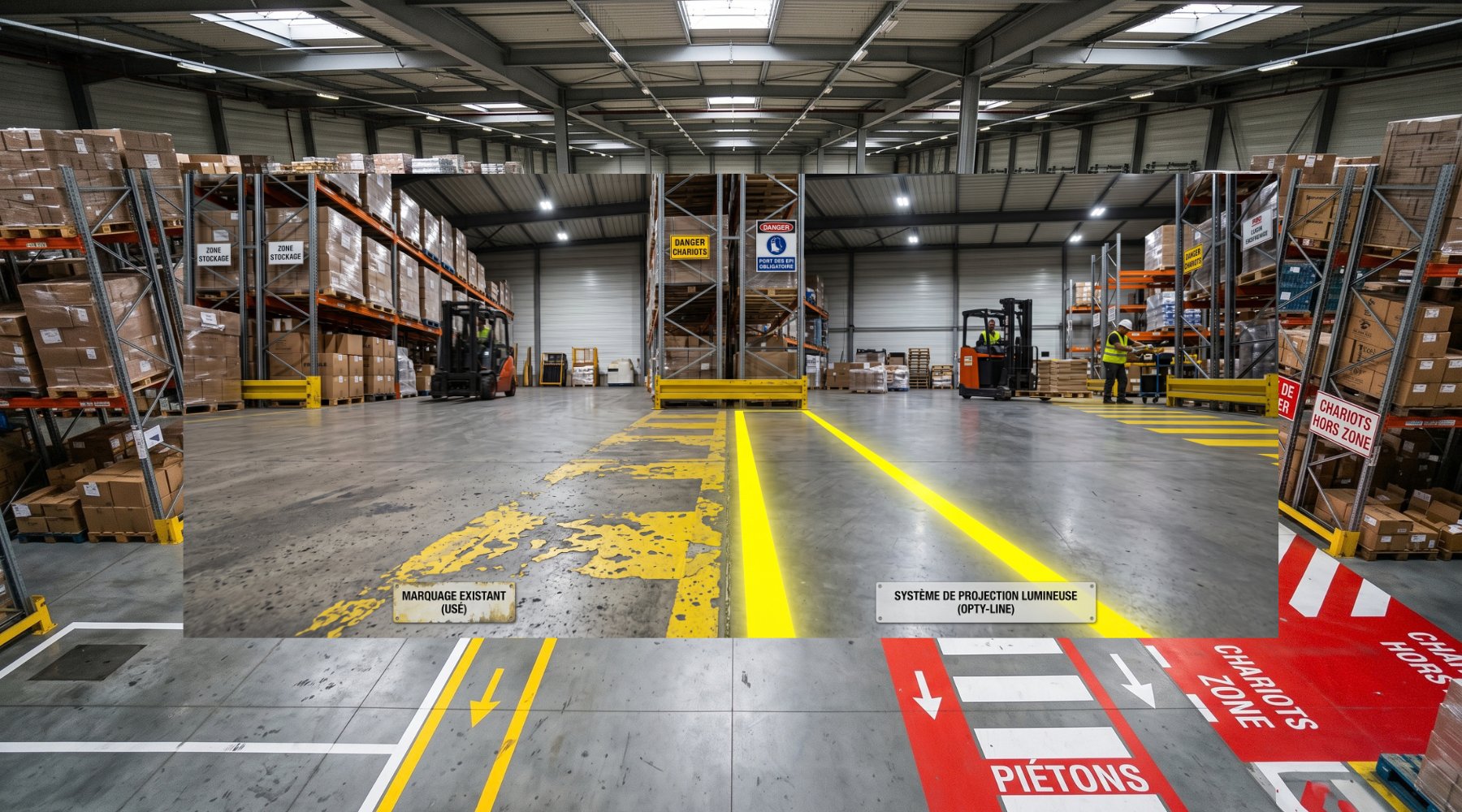 Sol d'entrepôt industriel avec voies de circulation, zones de stockage et passages piétons matérialisés par un marquage au sol coloré