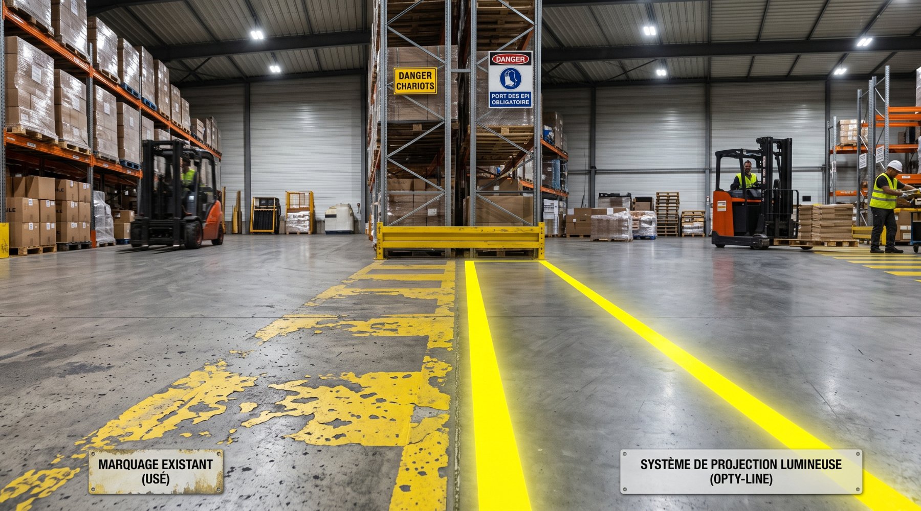 Comparaison entre un marquage au sol peint usé et un marquage lumineux projeté net dans un entrepôt industriel