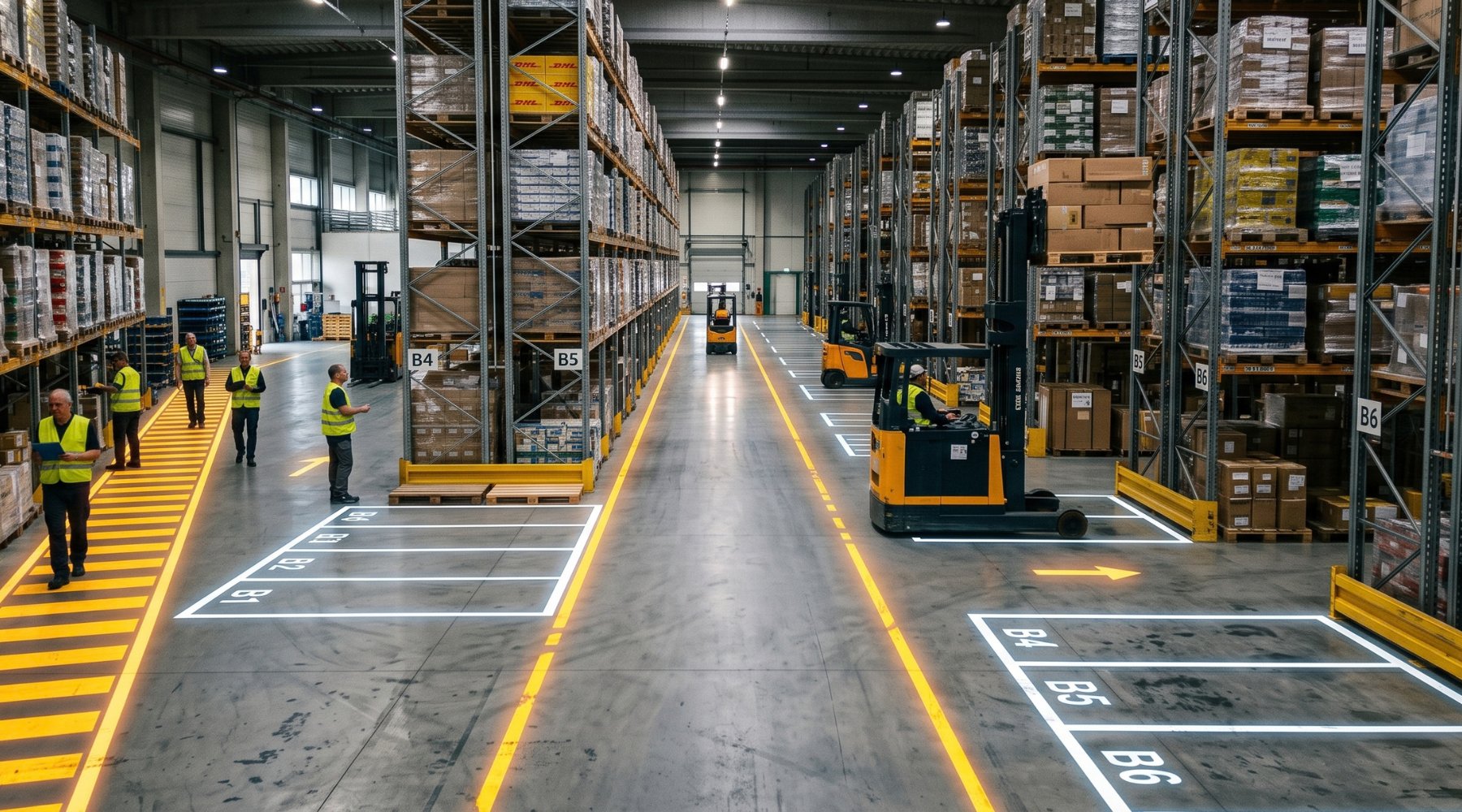 Allée d'entrepôt logistique dont les voies et les zones de stockage sont matérialisées au sol par une projection lumineuse nette